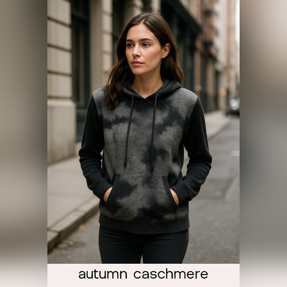 Autumn Cashmere Hoodie Sweater XL 100% Pure Cashmere Gray Black Pullover - Picture 5 of 9